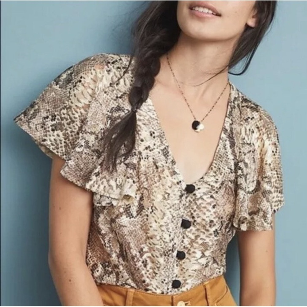 Eva Franco Anthropologie Snake Print Lace Flutter Sleeve Ruffle Blouse Small